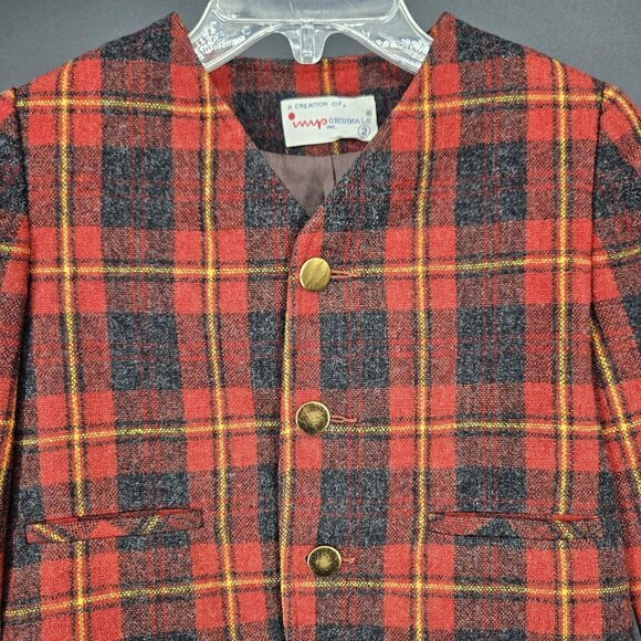 Vintage 2pc Jacket Romper Toddler Boys 2T/3T Red Plaid Gold Buttons Holiday - Picture 11 of 16